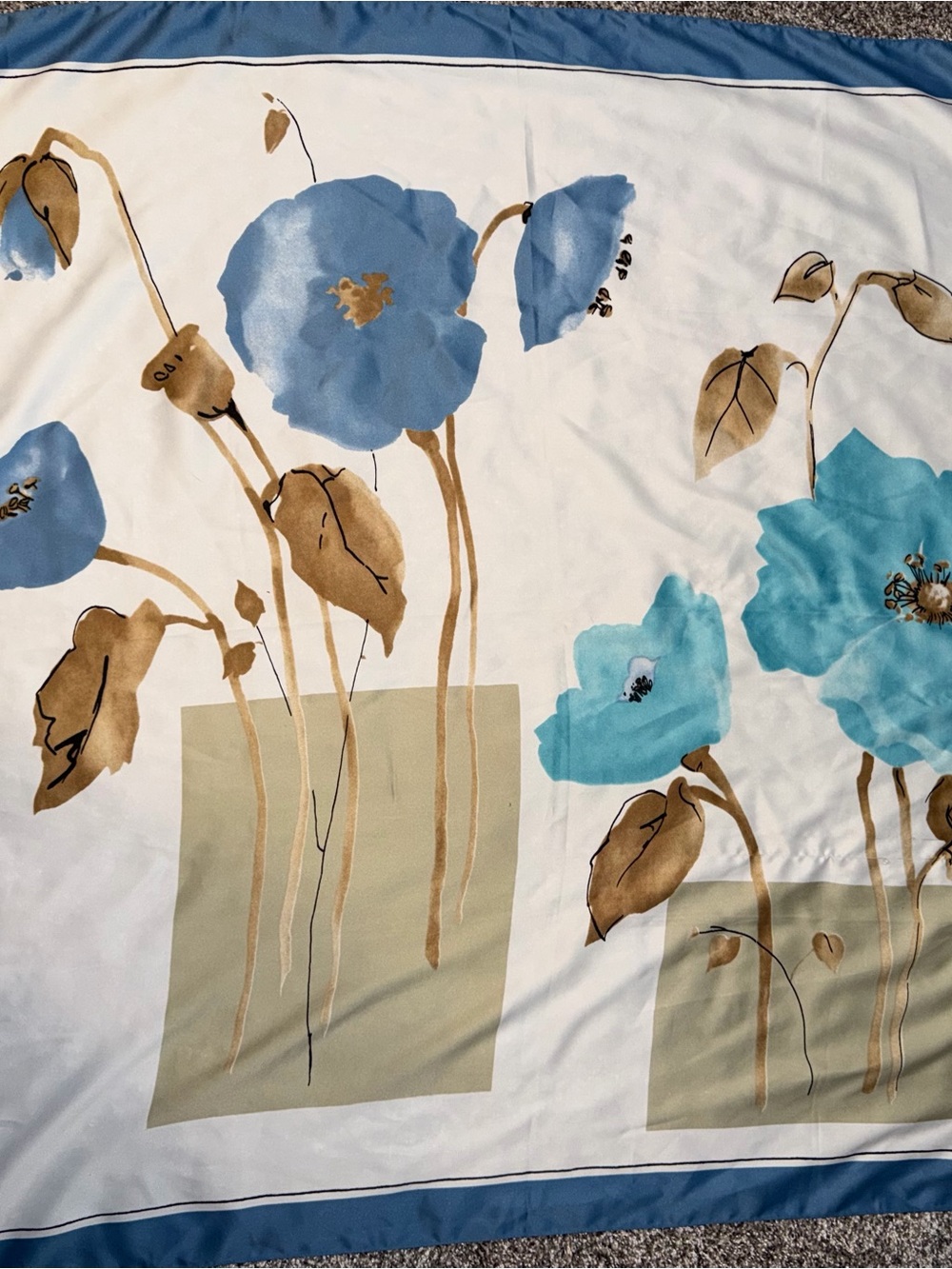 Roma Blue Floral Silk-Feel Scarf with Brown Accents